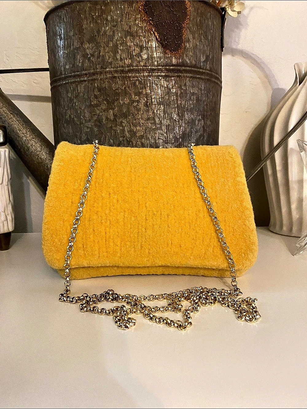 SARAH OLIVER Handmade Crossbody Yellow Boiled Wool Gold Tone Chain Clutch/Pouch